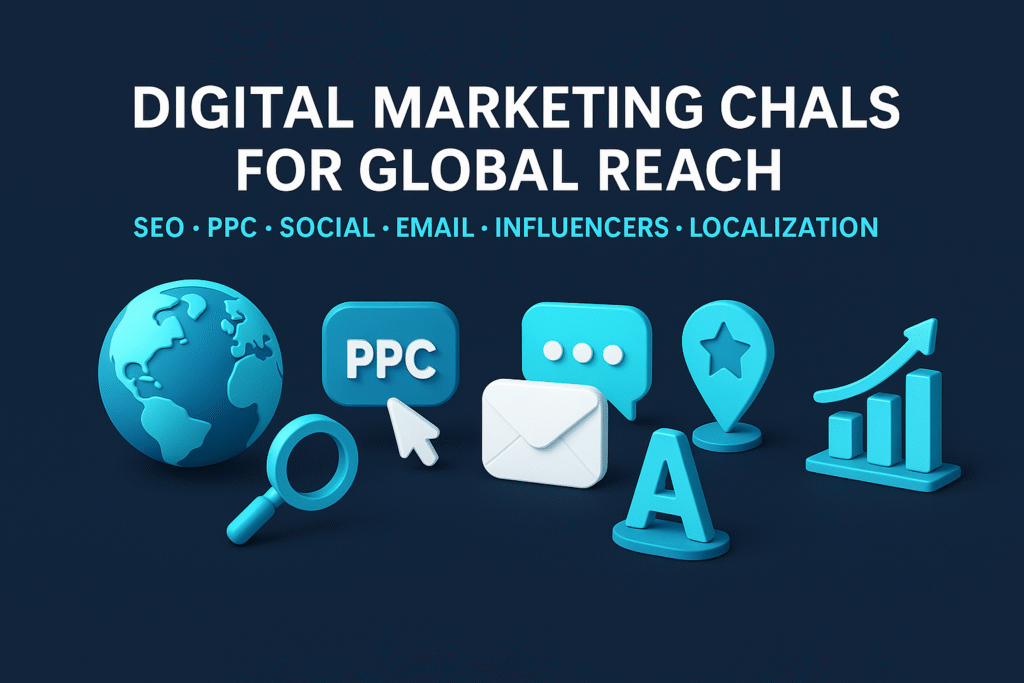 Digital marketing channels 2025 illustration with SEO, PPC, social media, email, influencers, and localization icons for global reach.