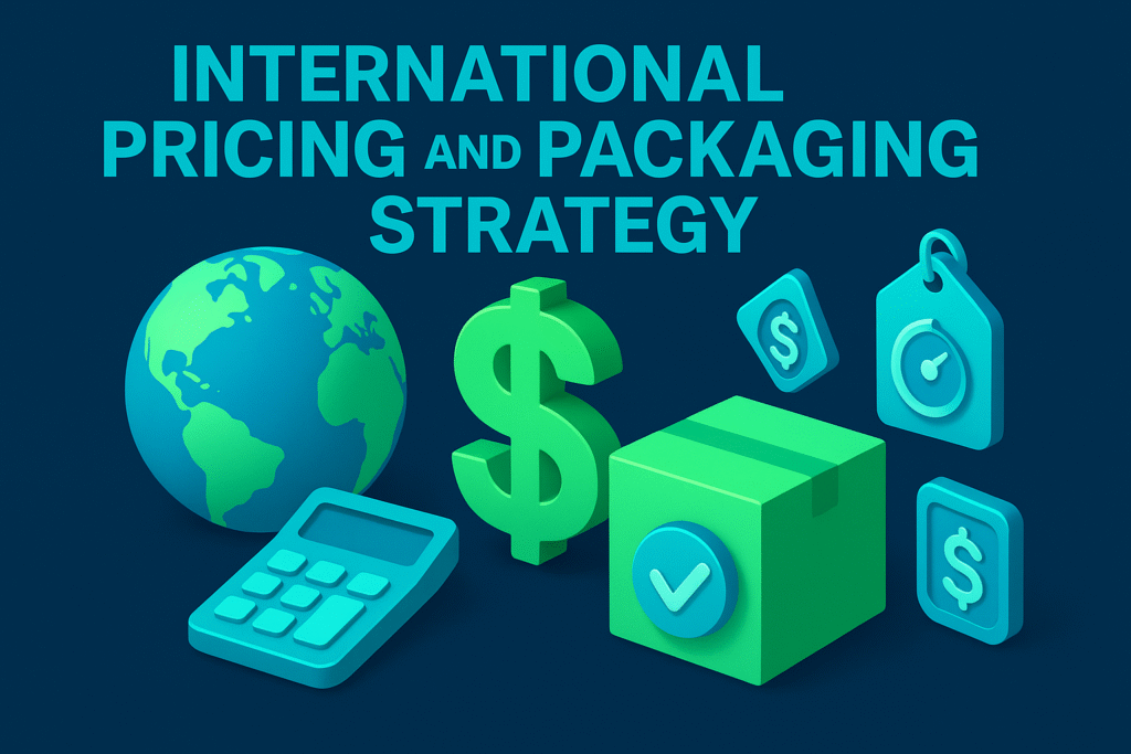 International pricing and packaging strategy 3D illustration with globe, dollar sign, calculator, and packaging icons on navy blue background.