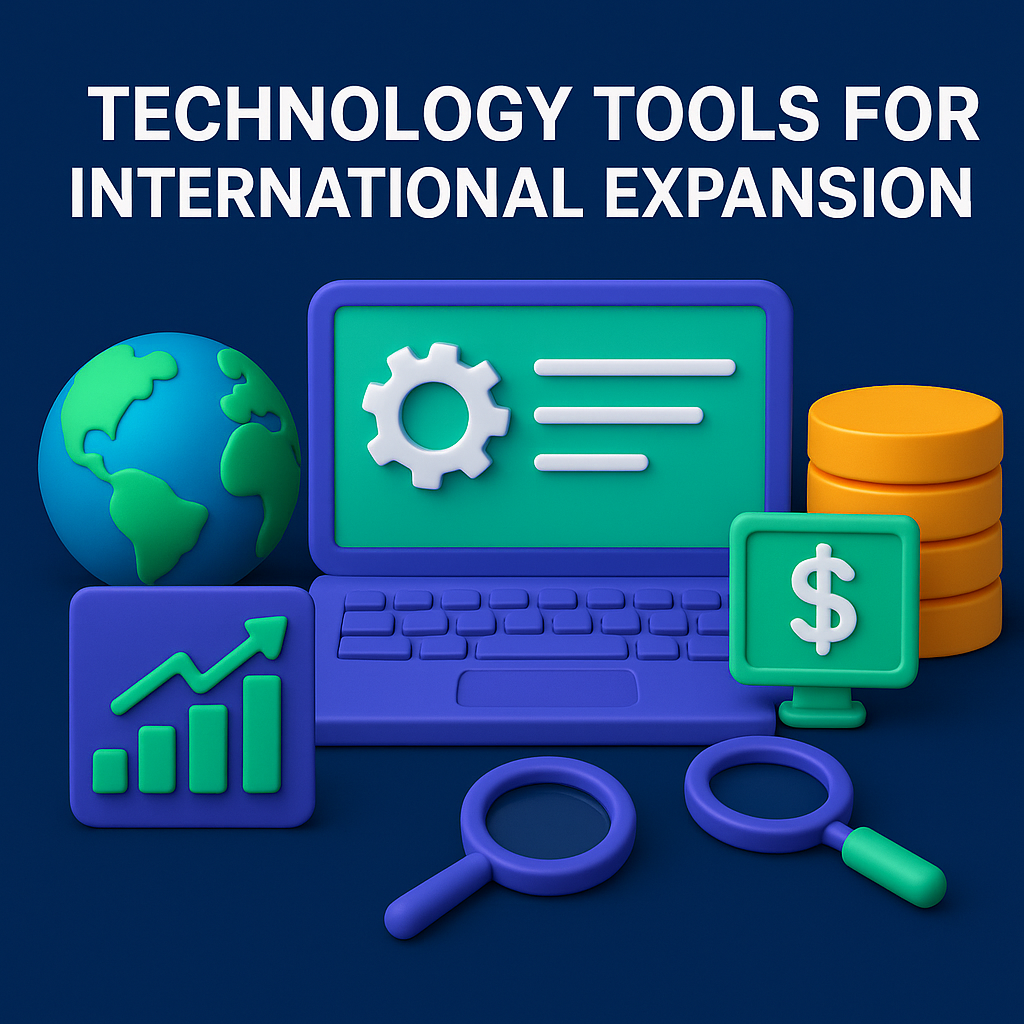 Technology tools for international expansion illustration with laptop, globe, analytics, database, and magnifying glass icons on navy blue background.