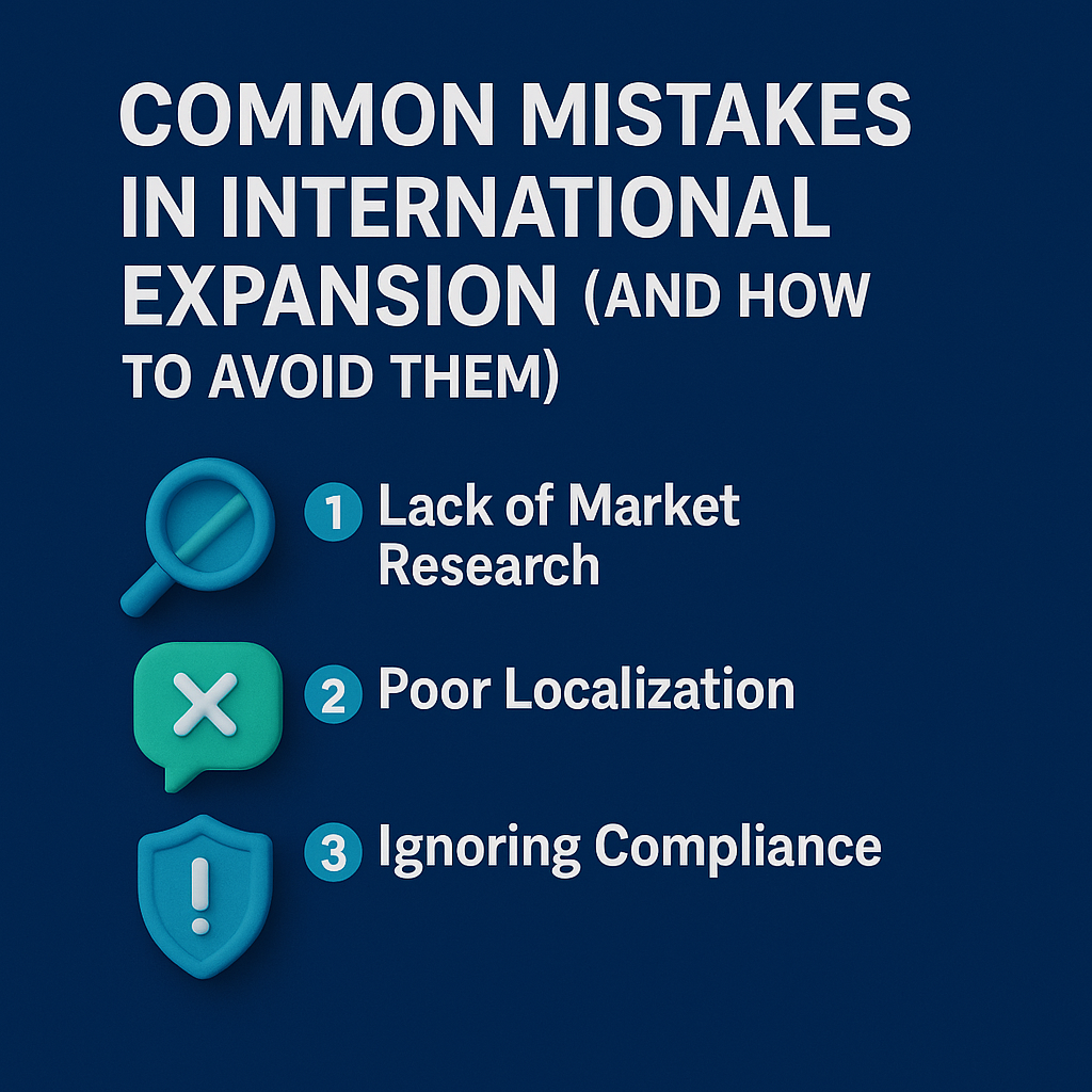 Infographic on common mistakes in international expansion showing lack of market research, poor localization, and ignoring compliance with icons on navy background.