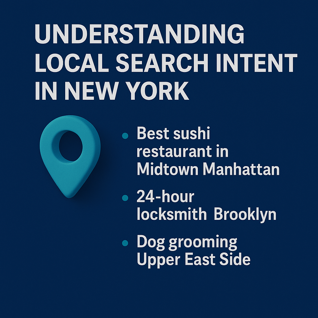 Infographic on local search intent in New York showing high-intent examples like sushi Midtown, locksmith Brooklyn, and dog grooming Upper East Side.