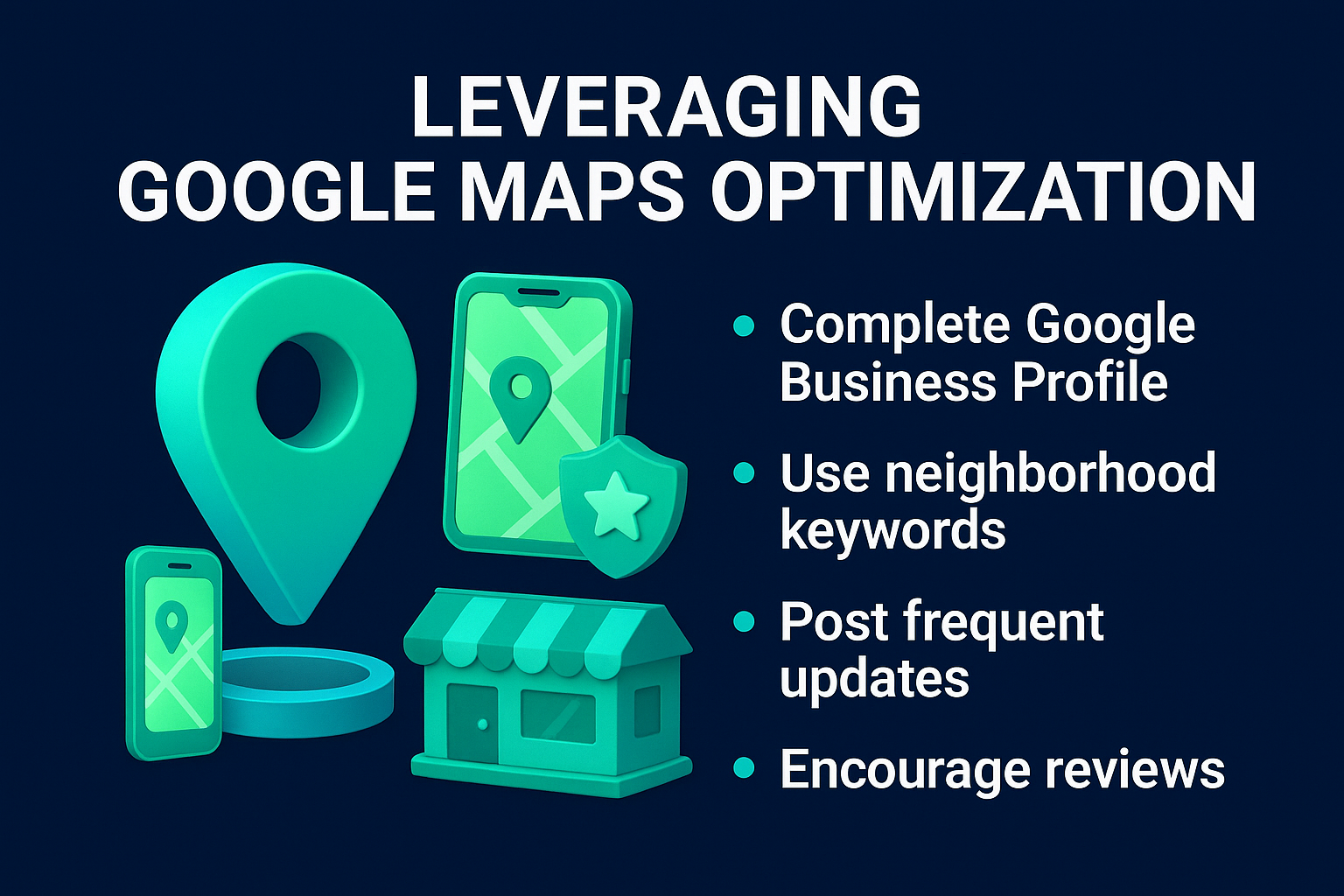 Infographic on leveraging Google Maps optimization showing location pin, smartphone, storefront, and four strategies: complete profile, use local keywords, post updates, encourage reviews.