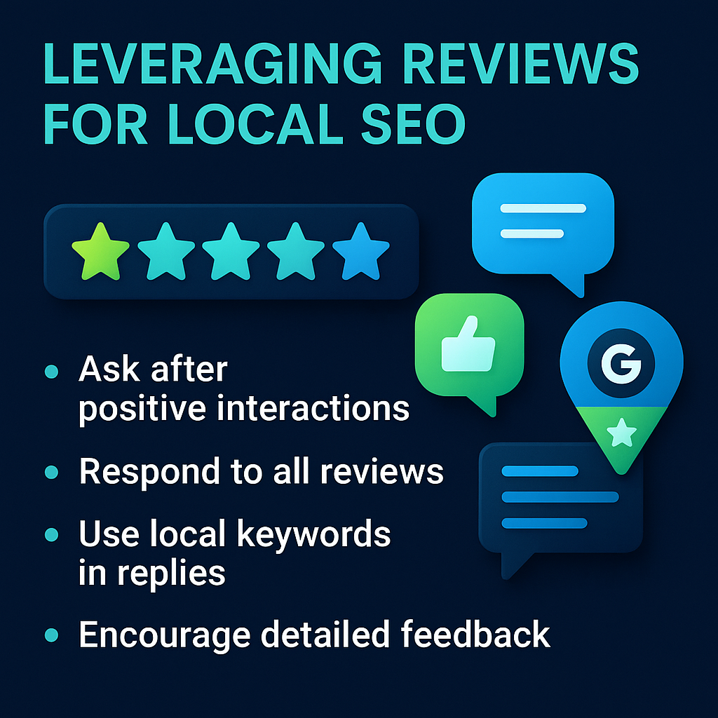 Infographic on leveraging reviews for local SEO showing star ratings, map pin, and tips: ask after interactions, respond, use local keywords, encourage feedback.