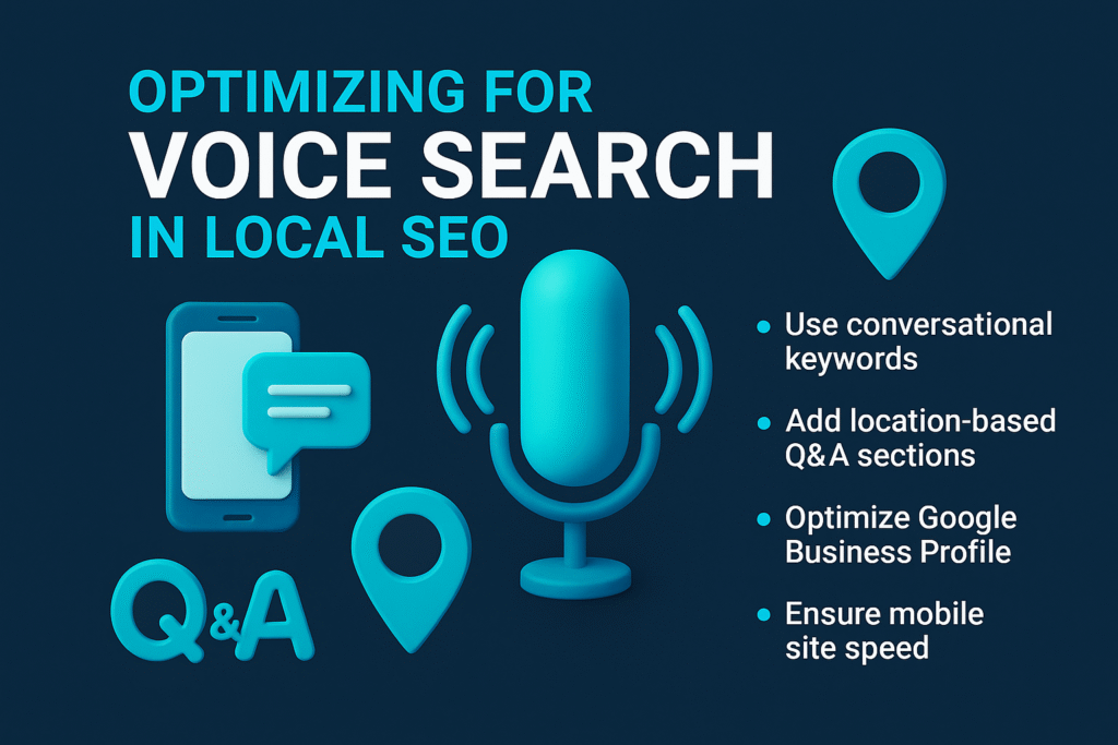 Infographic on optimizing for voice search in local SEO with microphone, mobile, Q&A, and tips: conversational keywords, location-based Q&A, Google Profile, mobile speed.
