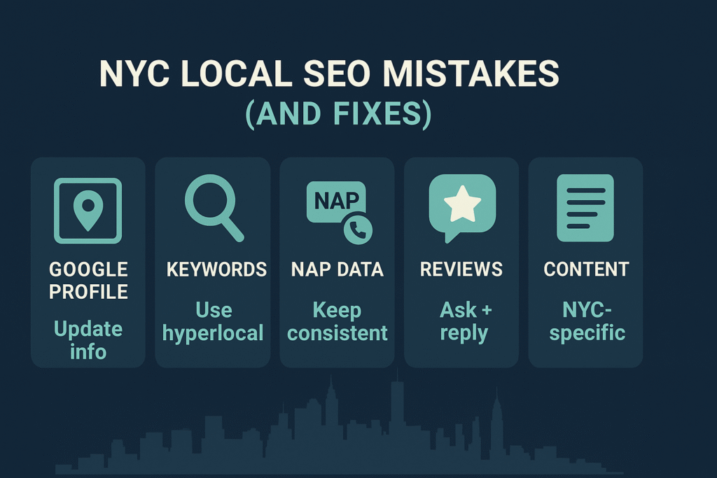 infographic on NYC local SEO mistakes and fixes with icons for Google Profile, keywords, NAP data, reviews, and NYC-specific content against skyline backdrop.