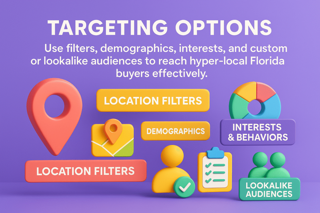 infographic on Florida ad targeting options showing location filters, demographics, interests, custom audiences, and lookalike audiences