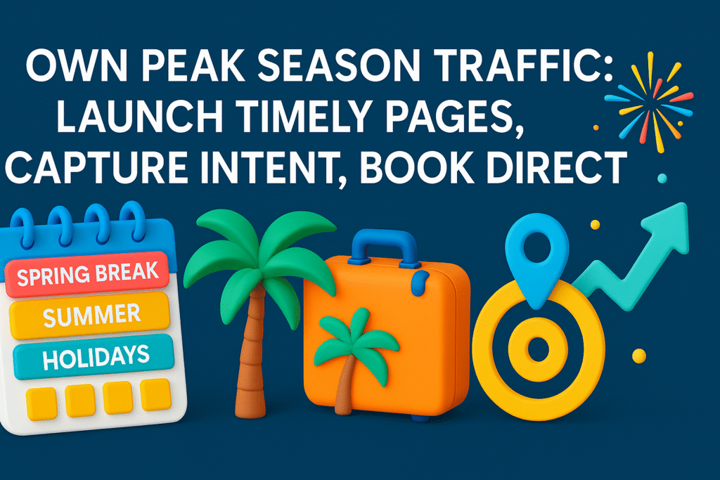 3D colorful graphic with calendar, suitcase, palm trees, and map pin highlighting seasonal landing pages for Orlando tourism peak traffic.