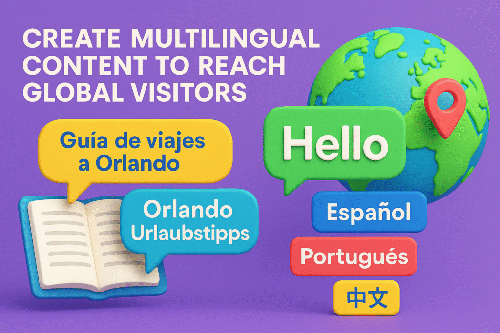 illustration with globe, speech bubbles, and language labels in English, Spanish, Portuguese, and Chinese promoting multilingual content for Orlando tourism.