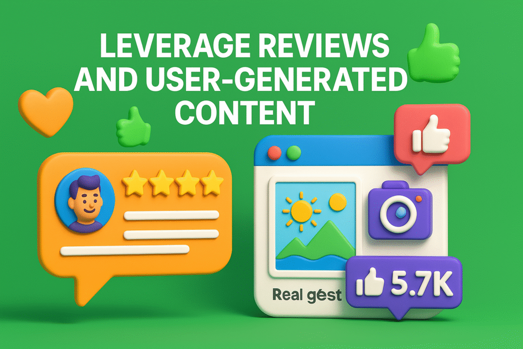 illustration with review card, star ratings, thumbs-up icons, and user photos highlighting reviews and user-generated content for Orlando SEO.