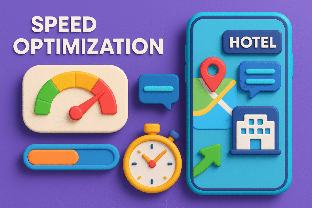 ChatGPT said: 3D colorful illustration with smartphone, speedometer, stopwatch, and loading bar showing speed optimization for mobile travelers searching hotels and tours in Orlando.