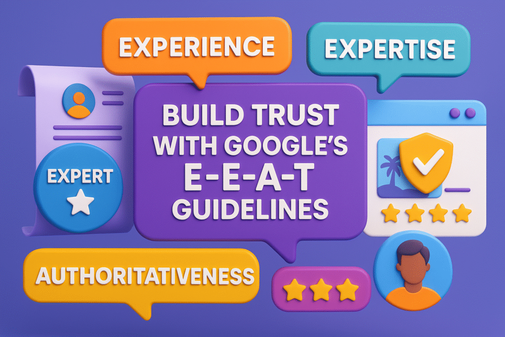 illustration with speech bubbles labeled Experience, Expertise, Authoritativeness, and Trust, plus badges, stars, and a shield, highlighting Google’s E-E-A-T guidelines for credibility.