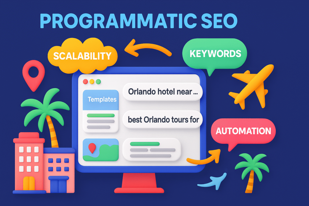 illustration with computer screen, hotels, palm trees, airplane, and speech bubbles showing scalability, keywords, and automation for programmatic SEO in Orlando tourism.