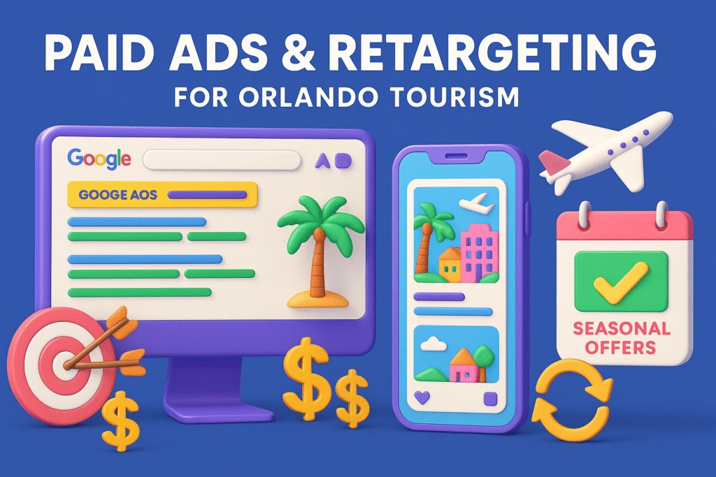 illustration with computer showing Google Ads, smartphone with social media ads, target icon, calendar, and dollar signs highlighting paid ads and retargeting for Orlando tourism.