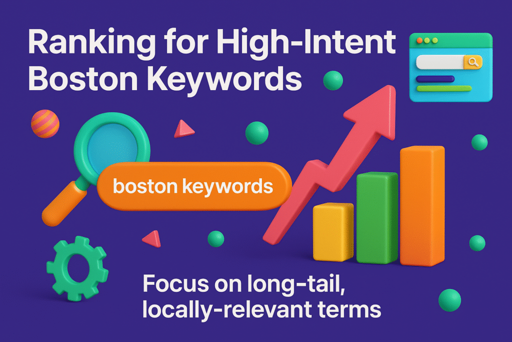 graphic with magnifying glass, rising arrow, bar chart, and text: Focus on long-tail, locally relevant terms.