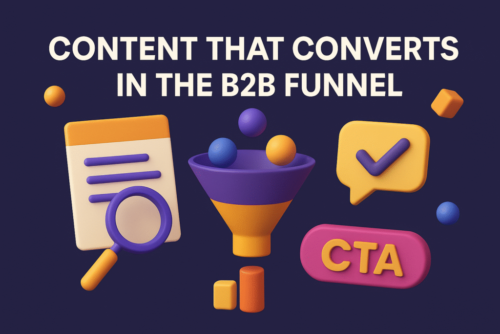 3D graphic showing “Content That Converts in the B2B Funnel” with icons: document, magnifying glass, funnel, checkmark bubble, CTA button, and colorful shapes.