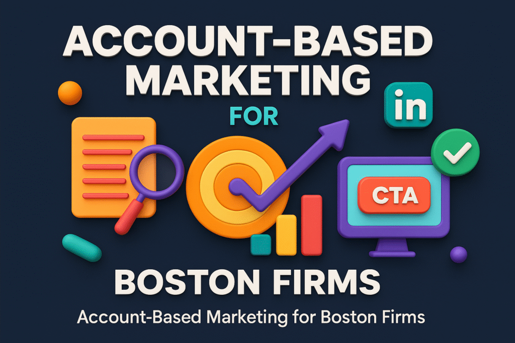 ChatGPT said: 3D graphic with text “Account-Based Marketing for Boston Firms,” featuring target with arrow, LinkedIn icon, CTA button on monitor, magnifying glass, chart, and checkmark.