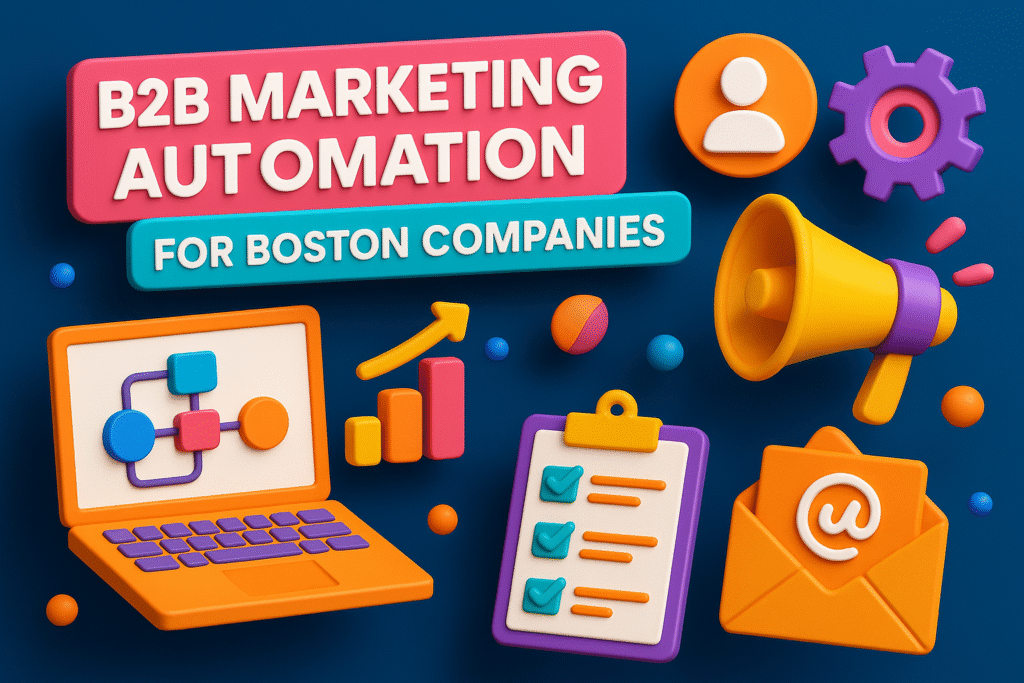 colorful graphic with laptop, bar chart, megaphone, checklist, and email icons promoting B2B marketing automation for Boston companies on a dark blue background.