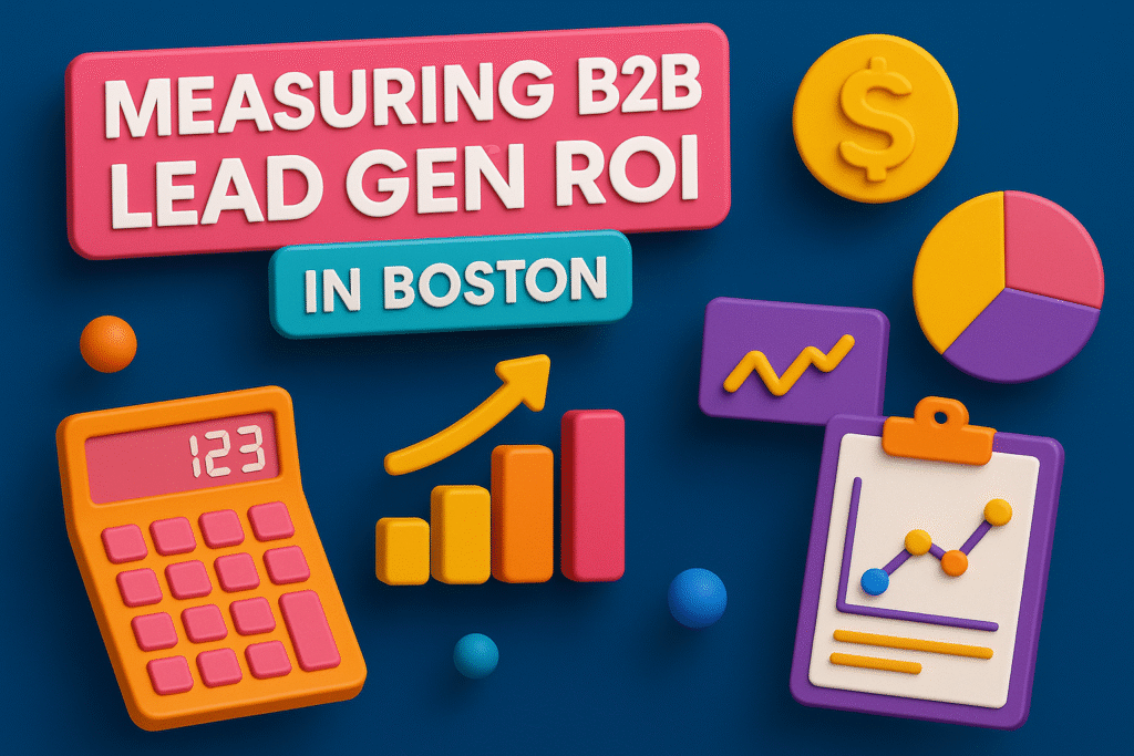 illustration with calculator, bar chart, clipboard, pie chart, dollar coin, and banners reading 'Measuring B2B Lead Gen ROI in Boston' on a dark blue background.