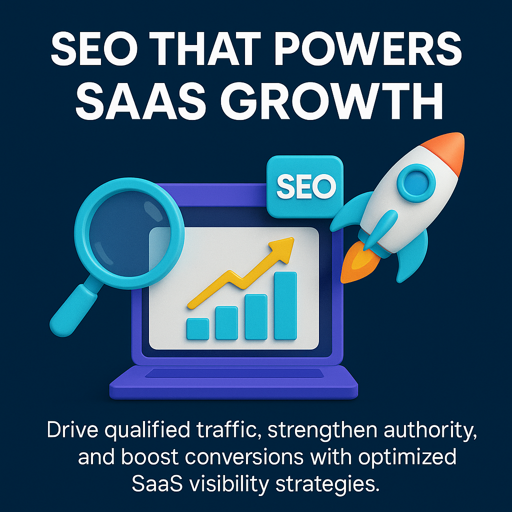 infographic with rocket, magnifying glass, laptop, and SEO badge. Headline reads 'SEO That Powers SaaS Growth' with supporting text about traffic, authority, and conversions.