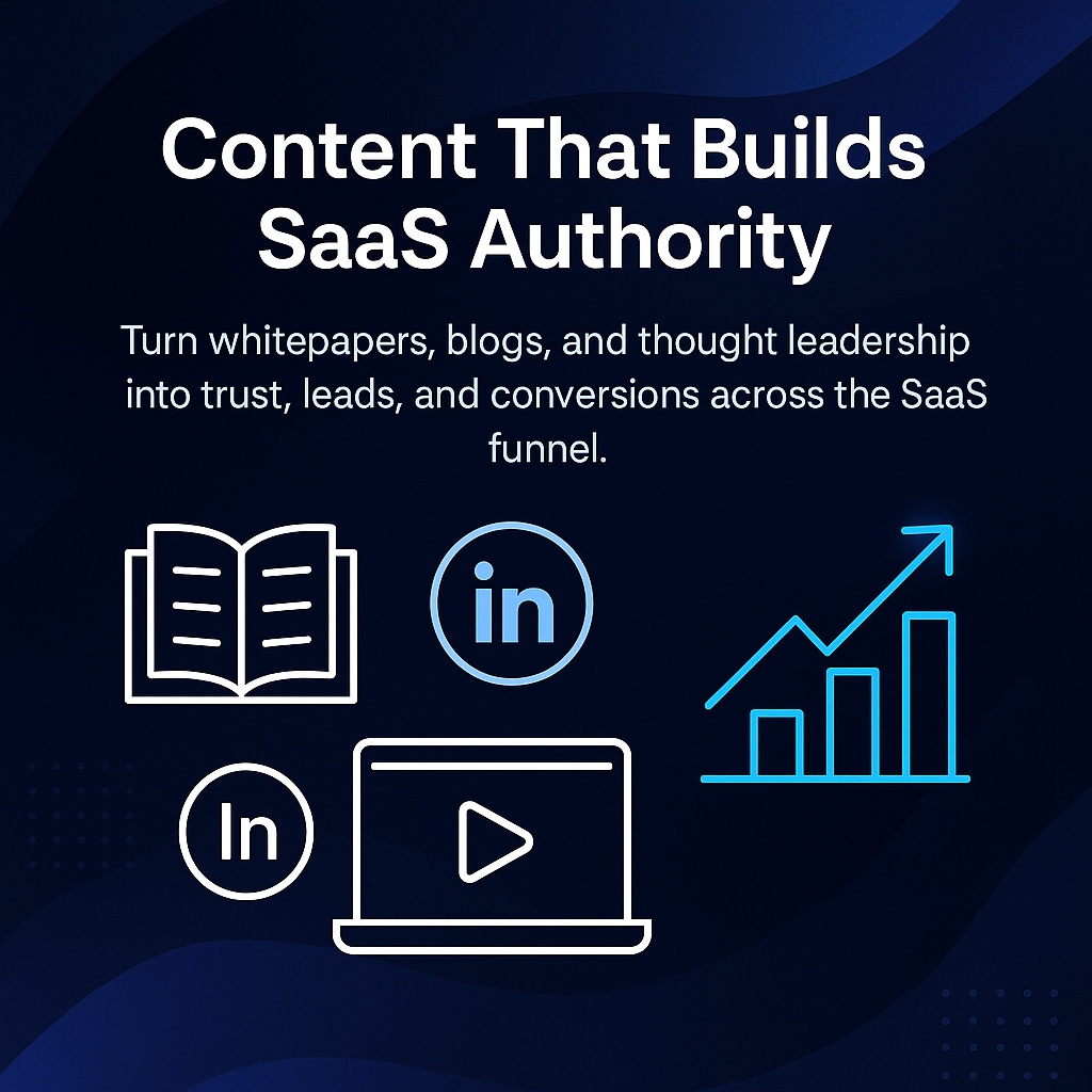 infographic with book, LinkedIn icons, play button on laptop, and upward bar graph. Headline reads 'Content That Builds SaaS Authority' with supporting text about whitepapers, blogs, and thought leadership.