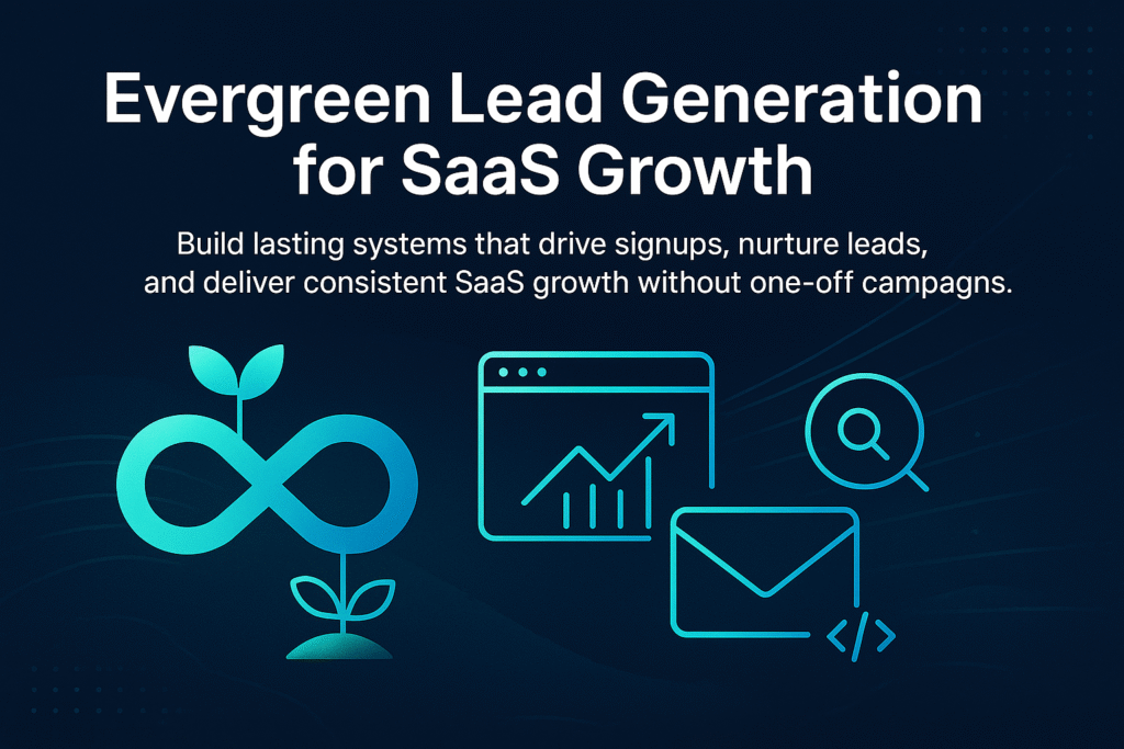 infographic with infinity loop sprouting leaves, browser window with growth chart, magnifying glass, and envelope icon. Headline reads 'Evergreen Lead Generation for SaaS Growth' with supporting text about lasting systems driving signups and nurturing leads.
