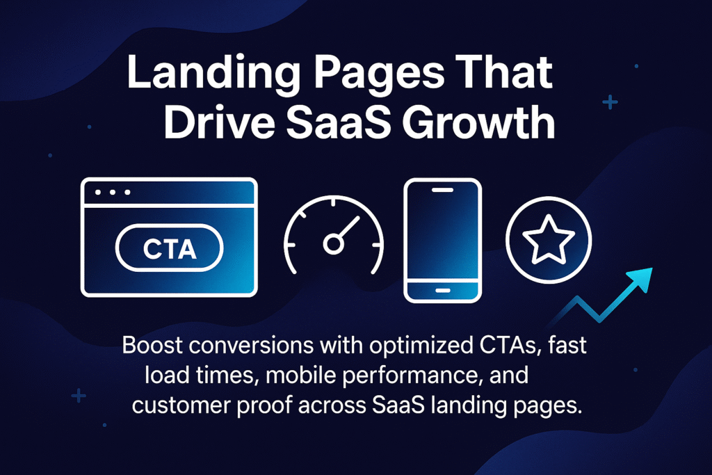 infographic with icons of a CTA button, speedometer, smartphone, and star for customer proof. Headline reads 'Landing Pages That Drive SaaS Growth' with supporting text about boosting conversions through CTAs, speed, mobile performance, and trust.