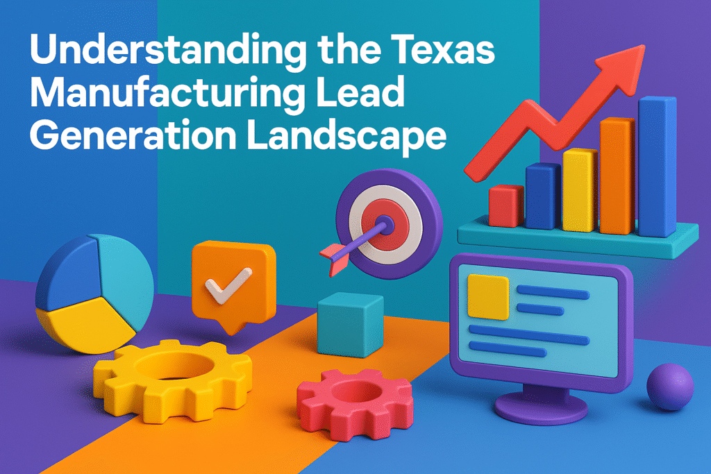 3D illustration of Texas manufacturing lead generation landscape with charts, gears, target, and digital icons in vivid colors.