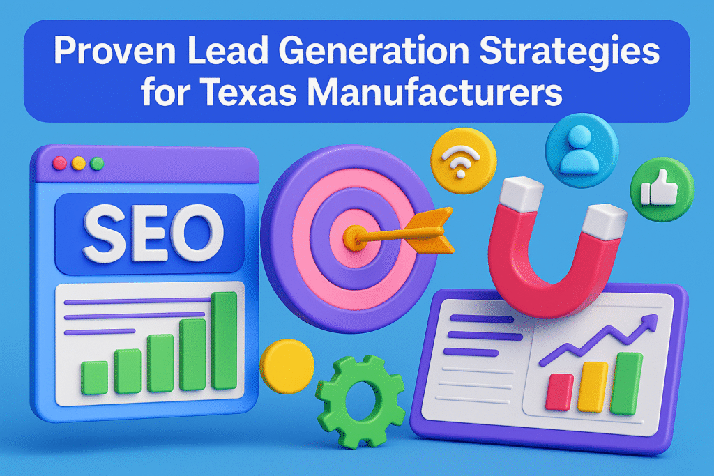 3D illustration of proven lead generation strategies for Texas manufacturers with SEO, magnet, target, charts, and digital icons.