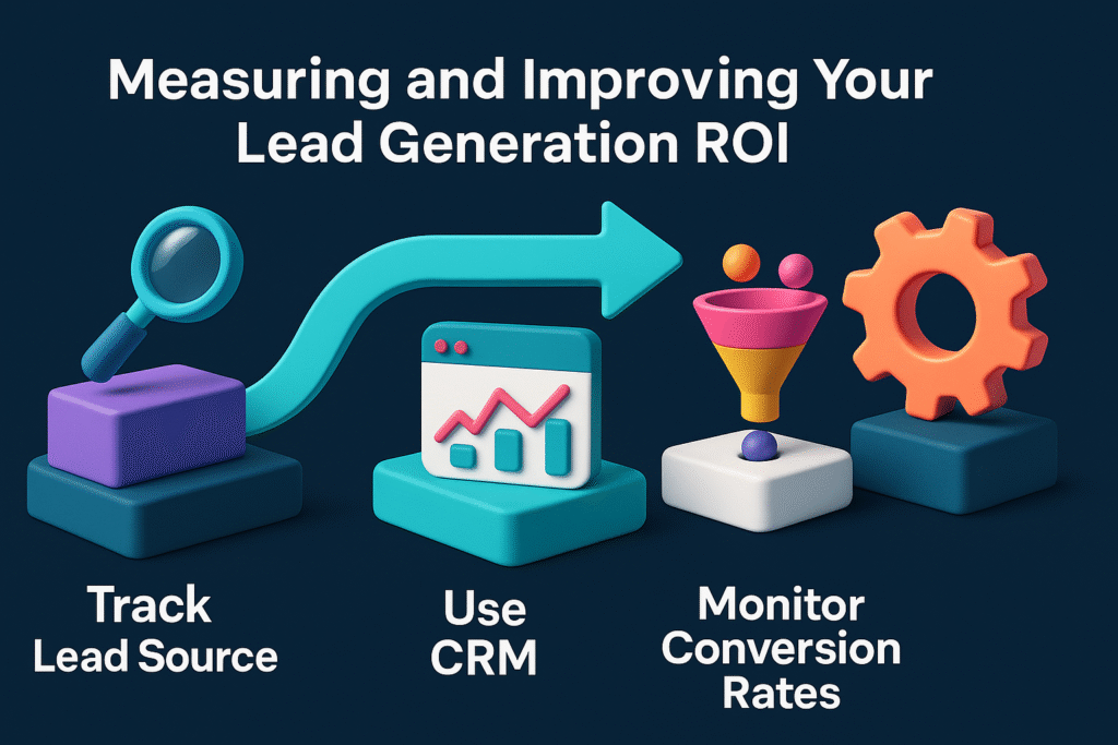 infographic showing four steps to improve lead generation ROI: track lead sources, use CRM, monitor conversion rates, and optimize with gear and funnel icons.