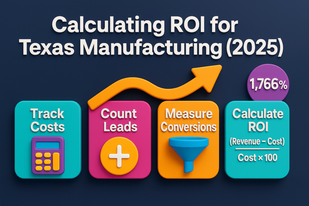 3D infographic showing ROI calculation steps for Texas manufacturing 2025: track costs, count leads, measure conversions, calculate ROI formula, with highlighted 1,766% result.