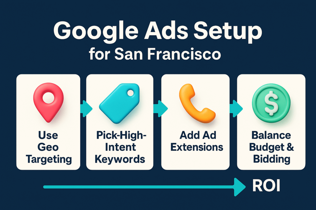 ChatGPT said: 3D infographic showing four steps to set up Google Ads for San Francisco: use geo targeting, pick high-intent keywords, add ad extensions, balance budget and bidding.