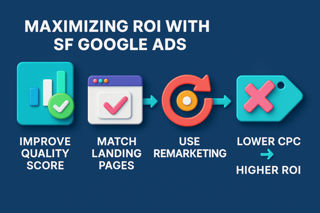 infographic titled “Maximizing ROI with SF Google Ads,” showing four steps: improve quality score, match landing pages, use remarketing, and cut costs for higher ROI.