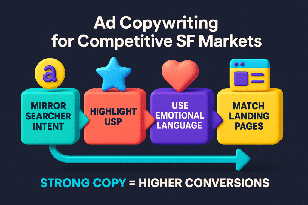 infographic titled “Ad Copywriting for Competitive SF Markets,” showing four steps: mirror searcher intent, highlight USP, use emotional language, and match landing pages, with the highlight “Strong Copy = Higher Conversions.