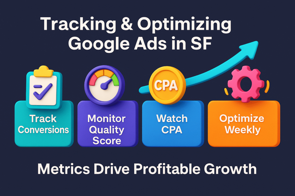 infographic titled “Tracking & Optimizing Google Ads in SF,” showing four steps: track conversions, monitor quality score, watch CPA, optimize weekly, with the highlight “Metrics Drive Profitable Growth.”