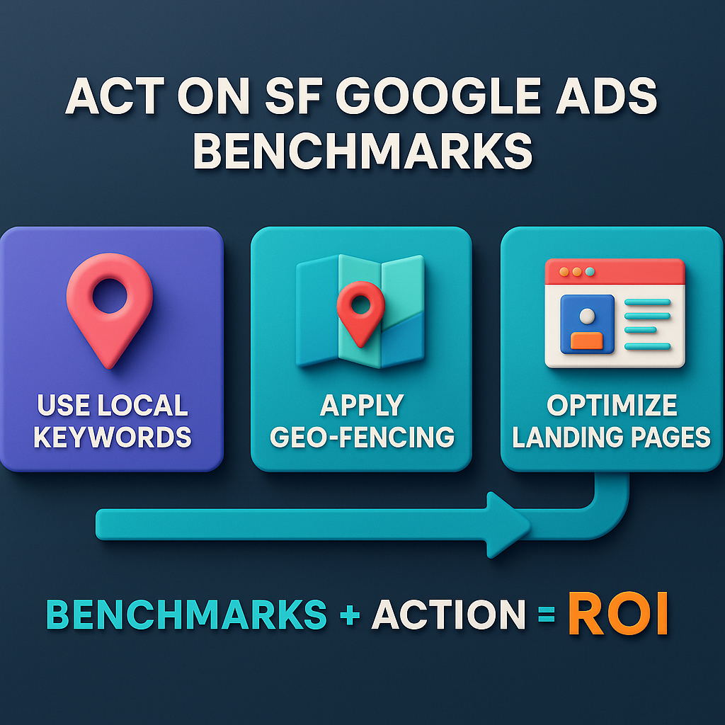 infographic titled “Act on SF Google Ads Benchmarks,” showing three steps: use local keywords, apply geo-fencing, and optimize landing pages, with the highlight “Benchmarks + Action = ROI.”