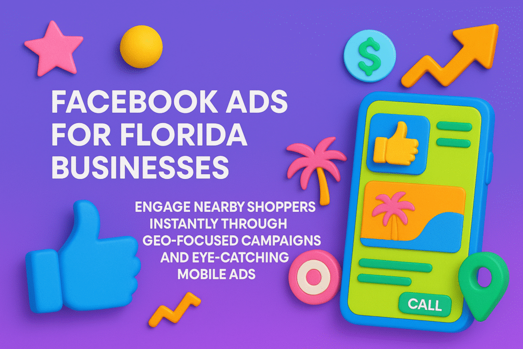 3D infographic on Facebook Ads in Florida showing geo-focused campaigns and mobile targeting to engage local shoppers fast.