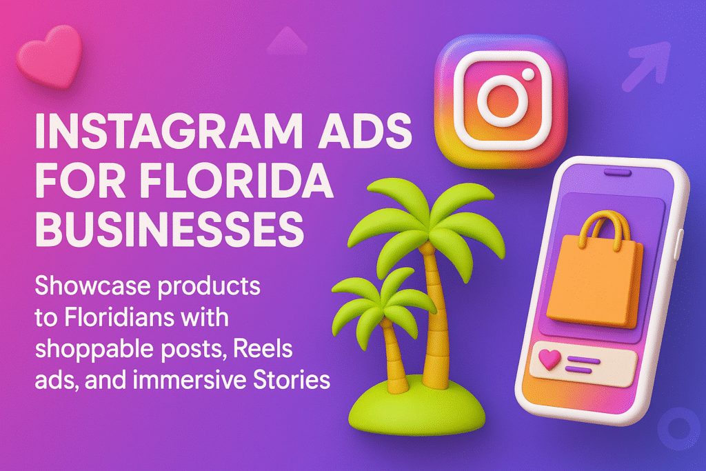 infographic on Instagram Ads in Florida highlighting shoppable posts, Reels, and Stories for retail, hospitality, and real estate growth