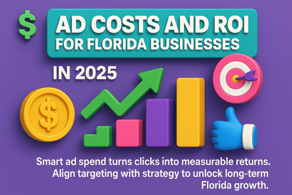 infographic on Florida ad costs and ROI in 2025 showing dollar coin, growth chart, target, and strategy-focused message.