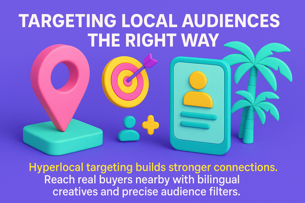 infographic on local audience targeting in Florida showing map pin, bullseye, user icon, and bilingual hyperlocal ad strategy.