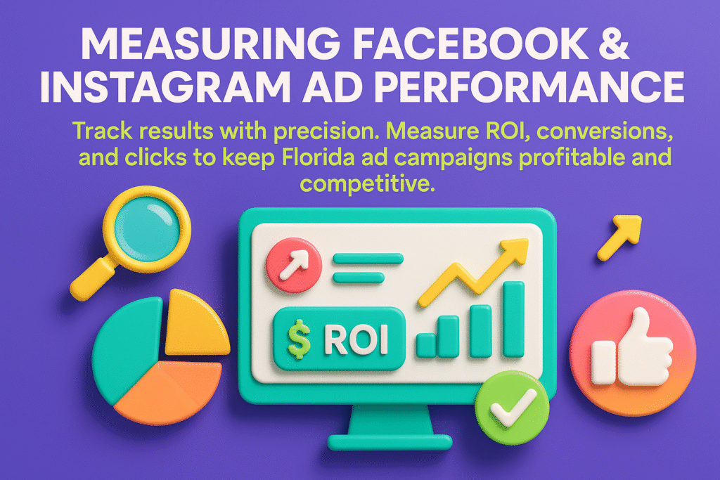 infographic on measuring Facebook and Instagram ad performance in Florida with ROI tracking, charts, metrics, and campaign results