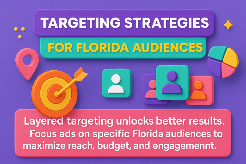 infographic on targeting strategies for Florida audiences with bullseye, user icons, map pin, and layered ad segmentation visuals.
