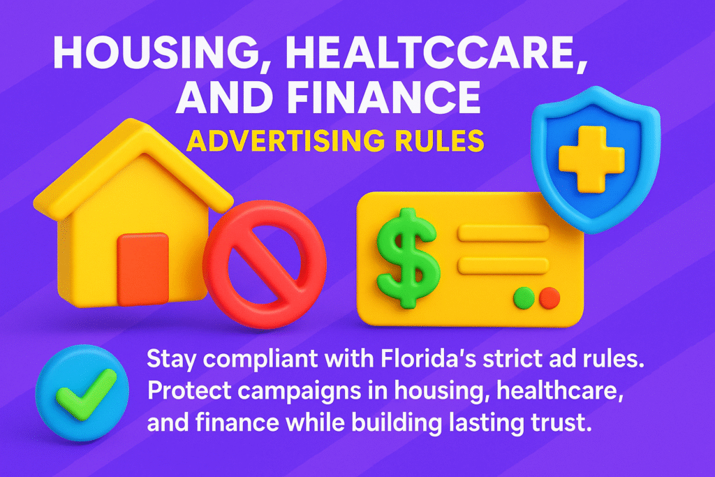 infographic on Florida advertising rules for housing, healthcare, and finance with icons of house, shield, credit card, and compliance