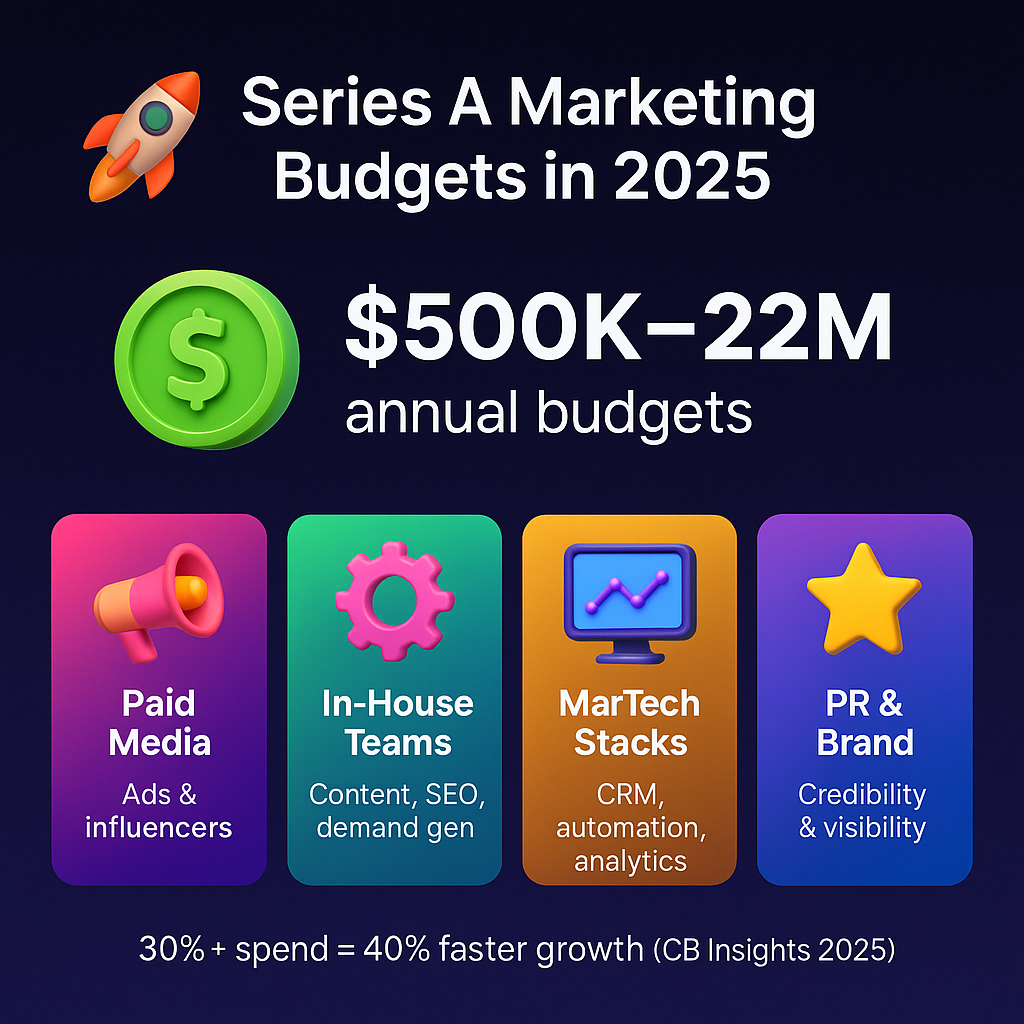 Infographic on Series A marketing budgets in 2025, showing $500K–$2M spend with key areas: paid media, teams, MarTech, and PR.