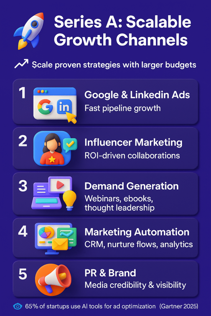Infographic on Series A growth channels in 2025, highlighting ads, influencer marketing, demand generation, automation, and PR.