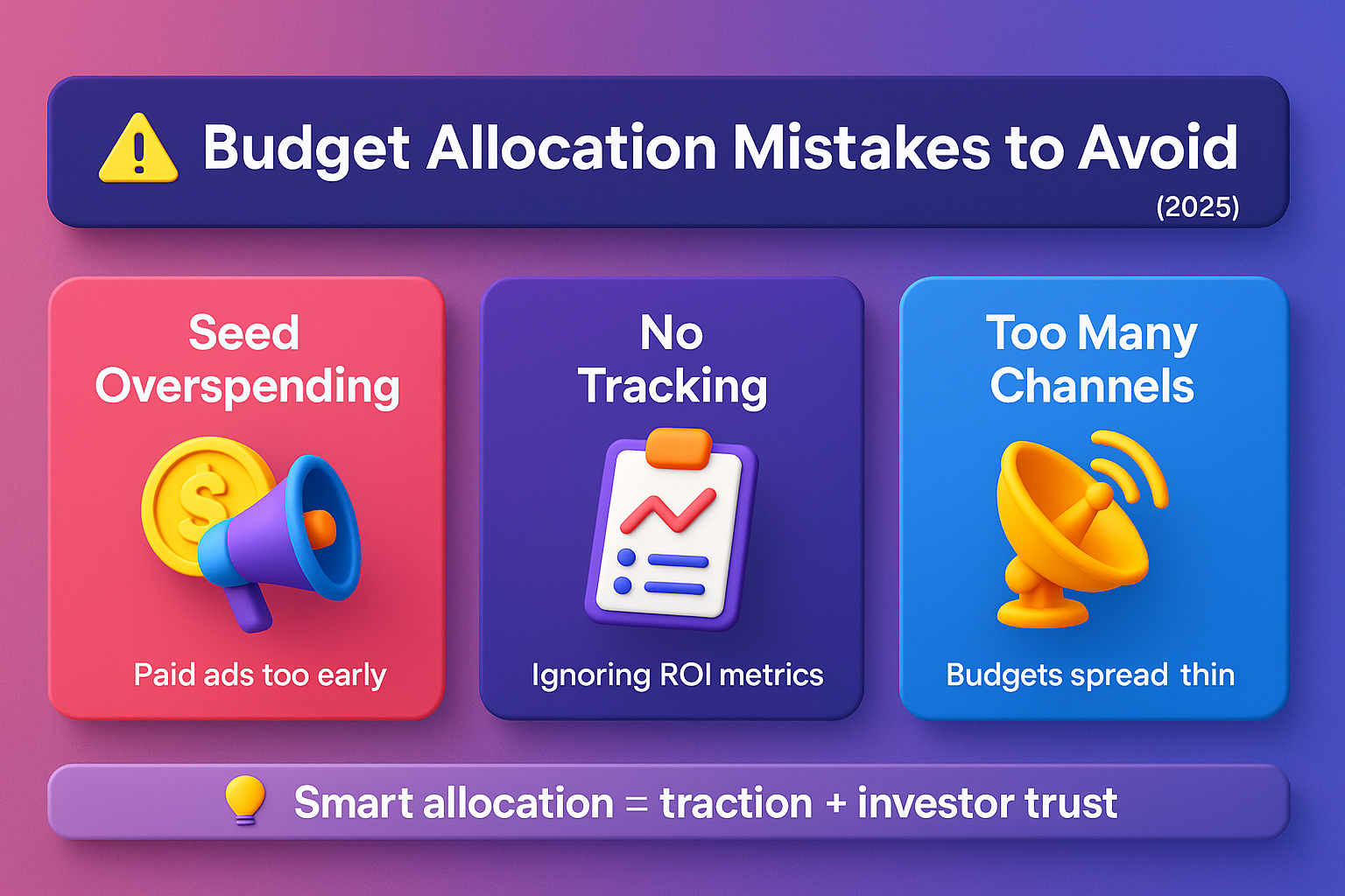 infographic on budget allocation mistakes in 2025: seed overspending, no tracking, and spreading budgets too thin.