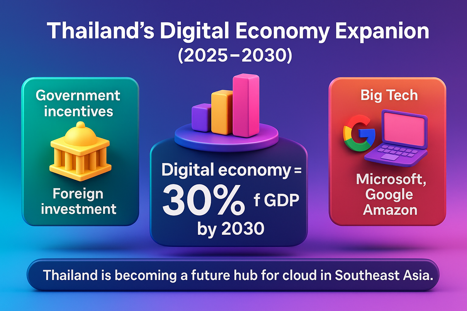 infographic on Thailand’s digital economy, showing 30% GDP by 2030 with government incentives, cloud growth, and big tech investment.