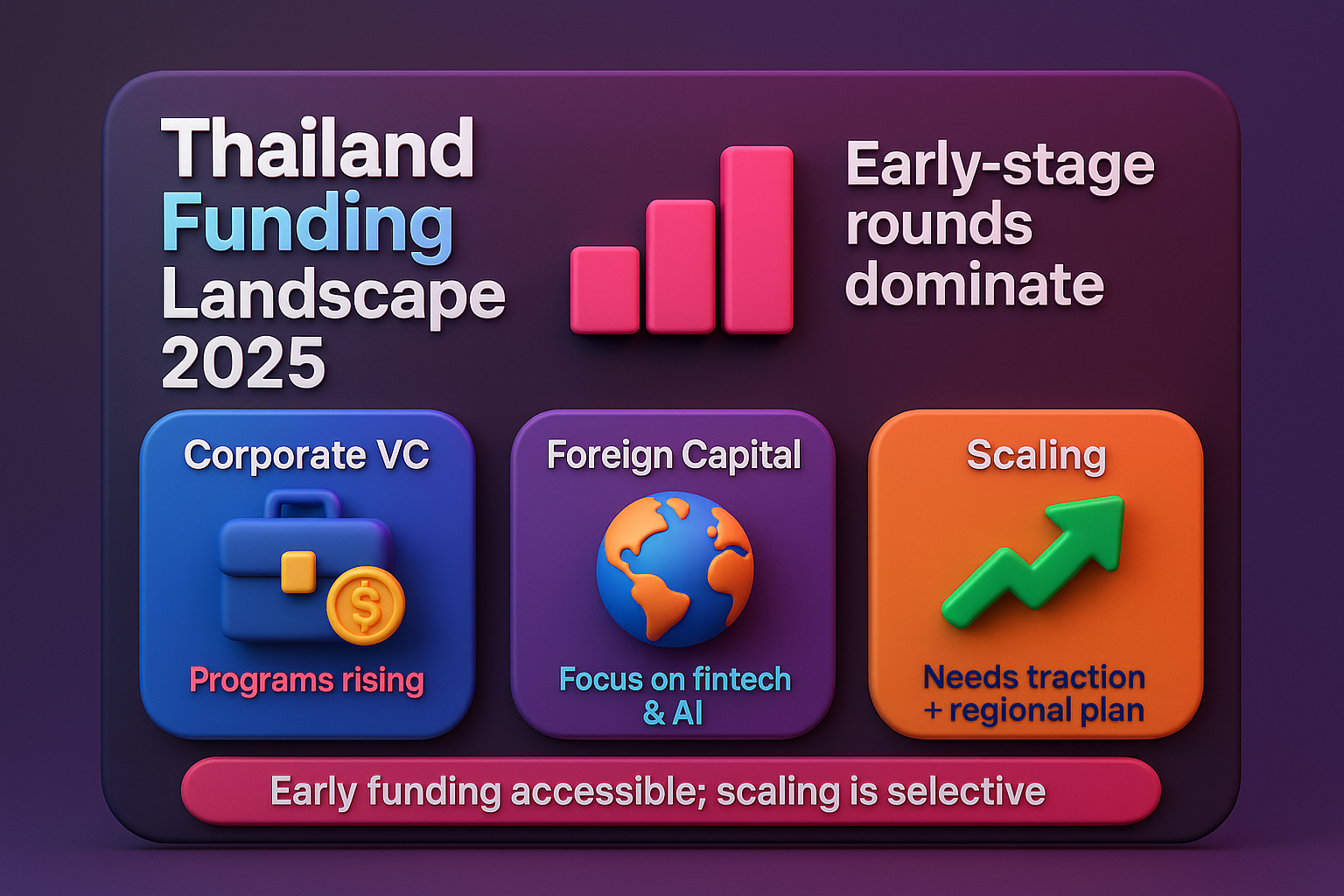 infographic on Thailand funding landscape 2025, highlighting early-stage focus, corporate VC, foreign capital, and scaling needs.