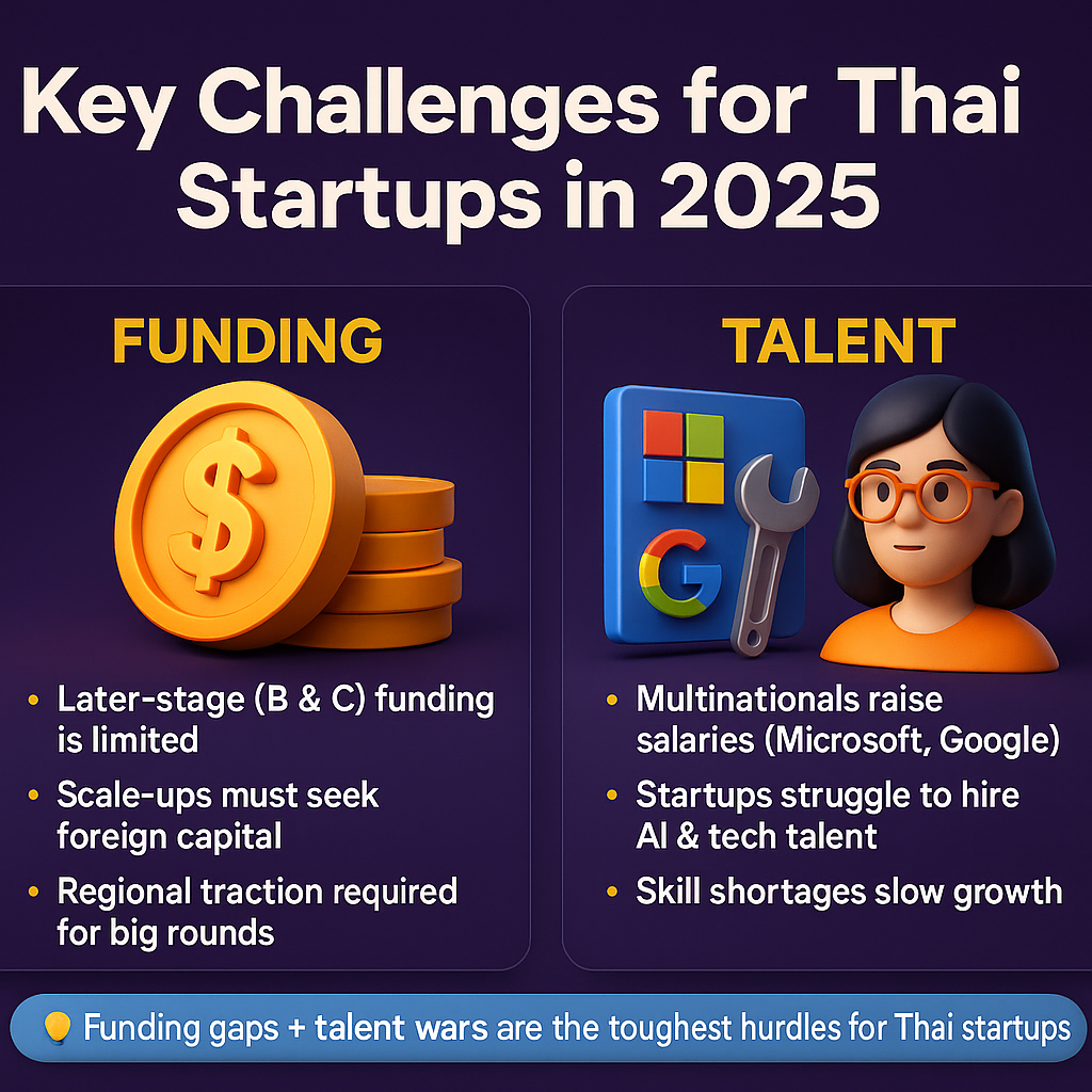 Infographic on key challenges for Thai startups in 2025, highlighting funding gaps and talent competition from multinationals.