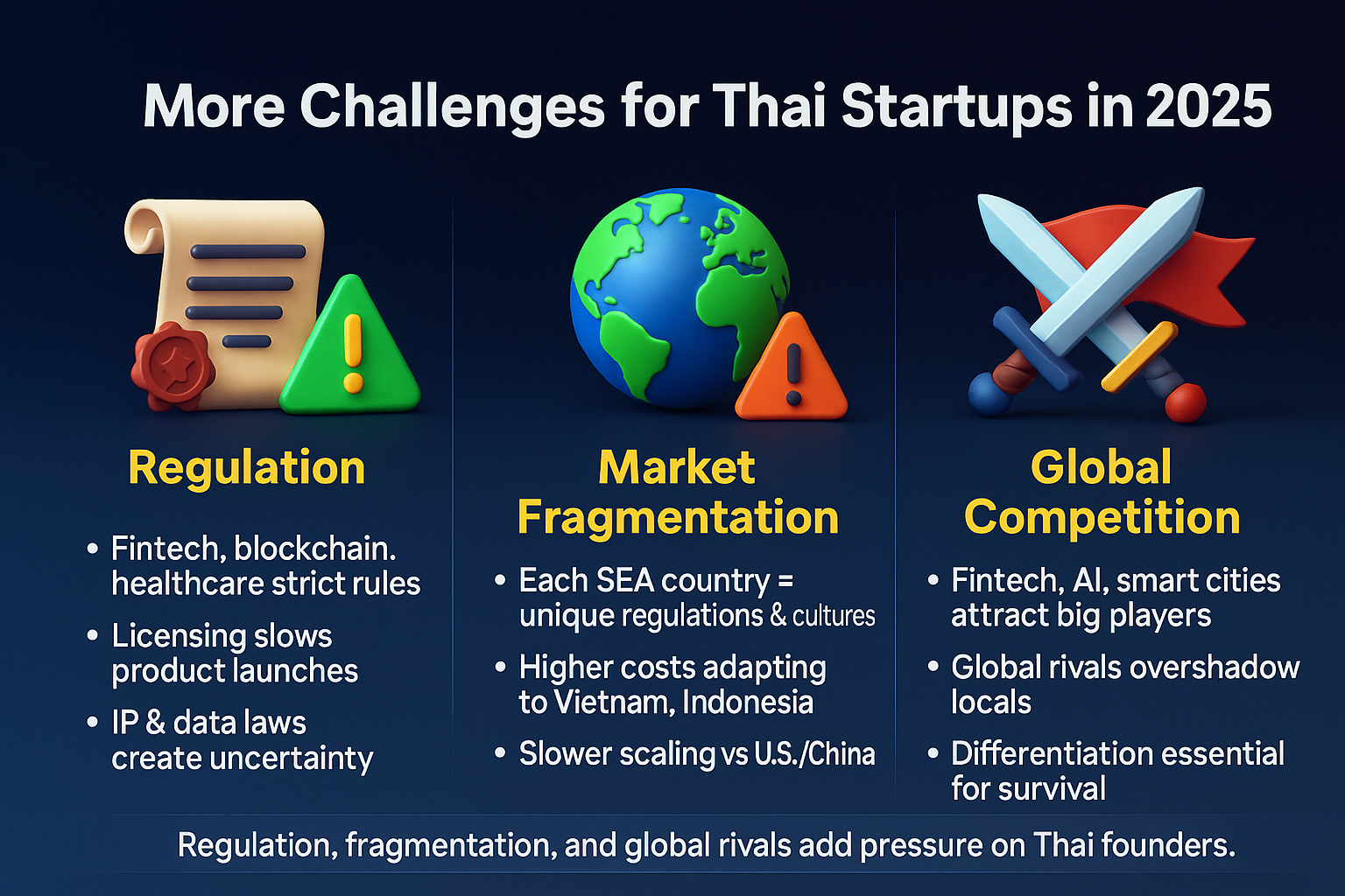 Infographic on Thai startup challenges in 2025: regulation barriers, regional market fragmentation, and intense global competition.