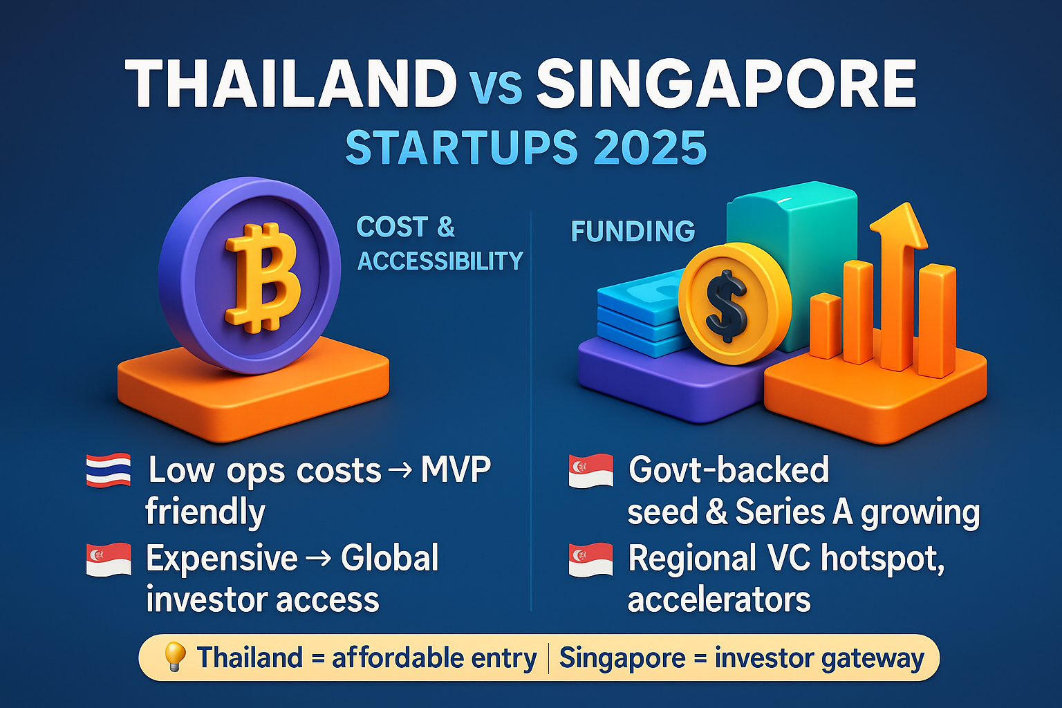 Infographic comparing Thailand vs Singapore startups in 2025, highlighting cost, accessibility, and funding opportunities